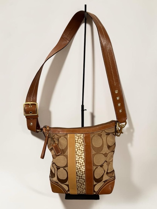Coach Handbags - SOLD COACH Vintage Signature C Canvas Leather Stripe Shoulder Bag 10542 Tan